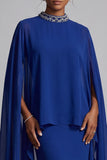 Dark Blue Sheath Chiffon High Neck Beaded Cape Maxi Mother of the Bride Dress