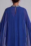 Dark Blue Sheath Chiffon High Neck Beaded Cape Maxi Mother of the Bride Dress