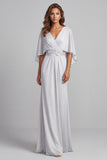 Light Grey Sheath V-Neck Appliques Flutter Sleeves Chiffon Long Mother of the Bride Dress