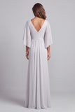 Light Grey Sheath V-Neck Appliques Flutter Sleeves Chiffon Long Mother of the Bride Dress