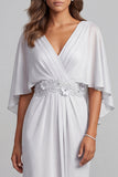 Light Grey Sheath V-Neck Appliques Flutter Sleeves Chiffon Long Mother of the Bride Dress