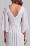 Light Grey Sheath V-Neck Appliques Flutter Sleeves Chiffon Long Mother of the Bride Dress