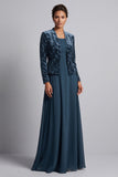 2-Piece Peacock Blue A-Line Long Mother of the Bride Dress with Velvet Bolero Jacket