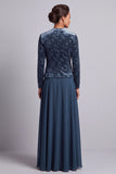 2-Piece Peacock Blue A-Line Long Mother of the Bride Dress with Velvet Bolero Jacket