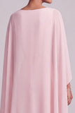 Blush A-Line Chiffon Bateau Neck Beaded Long Mother of the Bride Dress with Cape