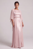 Blush Sheath Round Neck Chiffon Cape Sleeves Long Mother of the Bride Dress with Beading