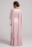 Blush Sheath Round Neck Chiffon Cape Sleeves Long Mother of the Bride Dress with Beading