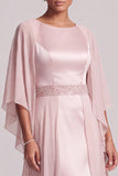 Blush Sheath Round Neck Chiffon Cape Sleeves Long Mother of the Bride Dress with Beading
