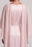Blush Sheath Round Neck Chiffon Cape Sleeves Long Mother of the Bride Dress with Beading