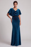 Peacock Blue Cowl Neck Sheath Velvet Long Mother of the Bride Dress with Fringes