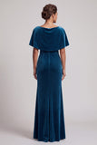 Peacock Blue Cowl Neck Sheath Velvet Long Mother of the Bride Dress with Fringes