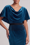 Peacock Blue Cowl Neck Sheath Velvet Long Mother of the Bride Dress with Fringes