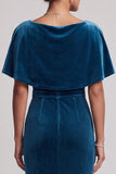 Peacock Blue Cowl Neck Sheath Velvet Long Mother of the Bride Dress with Fringes