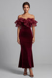Burgundy Mermaid Off the Shoulder Ruffled Velvet Long Formal Dress