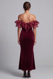 Burgundy Mermaid Off the Shoulder Ruffled Velvet Long Formal Dress