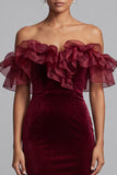 Burgundy Mermaid Off the Shoulder Ruffled Velvet Long Formal Dress