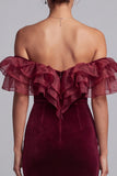 Burgundy Mermaid Off the Shoulder Ruffled Velvet Long Formal Dress