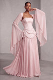 Blush Corset Jacquard Beaded Chiffon Tiered Peplum A-Line Long Prom Dress with Flared Sleeves