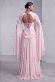Blush Corset Jacquard Beaded Chiffon Tiered Peplum A-Line Long Prom Dress with Flared Sleeves