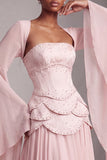 Blush Corset Jacquard Beaded Chiffon Tiered Peplum A-Line Long Prom Dress with Flared Sleeves