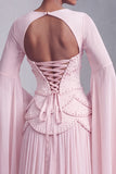 Blush Corset Jacquard Beaded Chiffon Tiered Peplum A-Line Long Prom Dress with Flared Sleeves