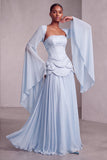 Blush Corset Jacquard Beaded Chiffon Tiered Peplum A-Line Long Prom Dress with Flared Sleeves
