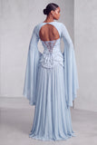 Blush Corset Jacquard Beaded Chiffon Tiered Peplum A-Line Long Prom Dress with Flared Sleeves