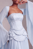 Blush Corset Jacquard Beaded Chiffon Tiered Peplum A-Line Long Prom Dress with Flared Sleeves