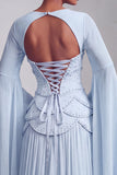 Blush Corset Jacquard Beaded Chiffon Tiered Peplum A-Line Long Prom Dress with Flared Sleeves