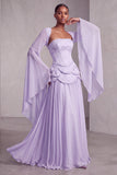 Blush Corset Jacquard Beaded Chiffon Tiered Peplum A-Line Long Prom Dress with Flared Sleeves