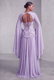 Blush Corset Jacquard Beaded Chiffon Tiered Peplum A-Line Long Prom Dress with Flared Sleeves