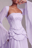 Blush Corset Jacquard Beaded Chiffon Tiered Peplum A-Line Long Prom Dress with Flared Sleeves