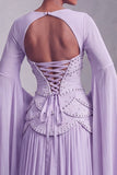Blush Corset Jacquard Beaded Chiffon Tiered Peplum A-Line Long Prom Dress with Flared Sleeves