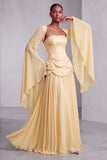 Blush Corset Jacquard Beaded Chiffon Tiered Peplum A-Line Long Prom Dress with Flared Sleeves