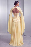 Blush Corset Jacquard Beaded Chiffon Tiered Peplum A-Line Long Prom Dress with Flared Sleeves