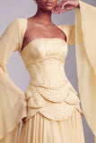 Blush Corset Jacquard Beaded Chiffon Tiered Peplum A-Line Long Prom Dress with Flared Sleeves