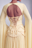 Blush Corset Jacquard Beaded Chiffon Tiered Peplum A-Line Long Prom Dress with Flared Sleeves