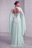 Blush Corset Jacquard Beaded Chiffon Tiered Peplum A-Line Long Prom Dress with Flared Sleeves