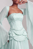 Blush Corset Jacquard Beaded Chiffon Tiered Peplum A-Line Long Prom Dress with Flared Sleeves