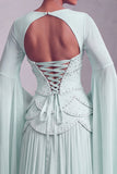 Blush Corset Jacquard Beaded Chiffon Tiered Peplum A-Line Long Prom Dress with Flared Sleeves