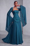Blush Corset Jacquard Beaded Chiffon Tiered Peplum A-Line Long Prom Dress with Flared Sleeves