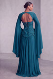 Blush Corset Jacquard Beaded Chiffon Tiered Peplum A-Line Long Prom Dress with Flared Sleeves