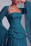 Blush Corset Jacquard Beaded Chiffon Tiered Peplum A-Line Long Prom Dress with Flared Sleeves