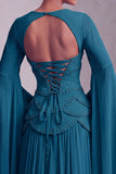 Blush Corset Jacquard Beaded Chiffon Tiered Peplum A-Line Long Prom Dress with Flared Sleeves