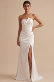 White Mermaid Satin Ruched Strapless Maxi Wedding Dress with Slit