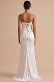 White Mermaid Satin Ruched Strapless Maxi Wedding Dress with Slit