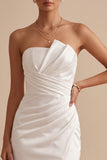 White Mermaid Satin Ruched Strapless Maxi Wedding Dress with Slit
