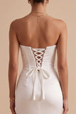 White Mermaid Satin Ruched Strapless Maxi Wedding Dress with Slit
