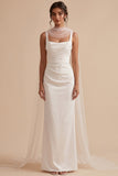 White Sheath Square Neck Satin Cape Ruched Long Wedding Dress