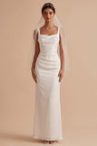 White Sheath Square Neck Satin Cape Ruched Long Wedding Dress